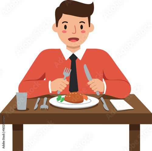 Man eating meal at table with knife and fork vector illustration 