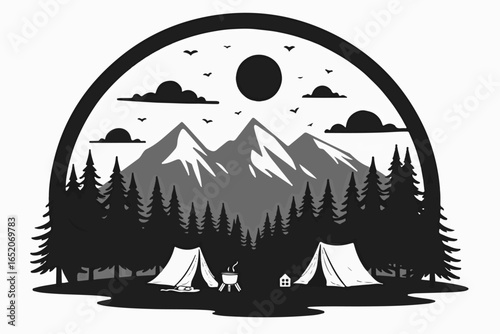 Camping, mountain landscape, silhouette vector, outdoor adventure, travel icons
