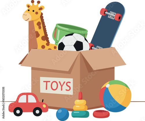 Toy box with giraffe, skateboard, ball, car, and colorful childrens playthings vector illustration 
