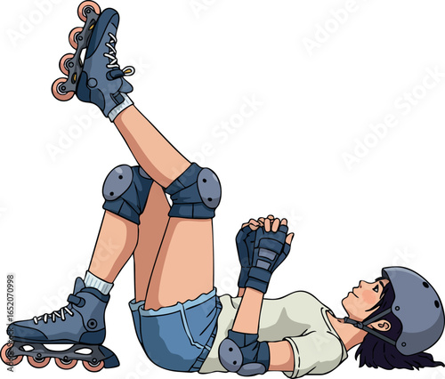 Girl Wearing Protective Gear Lying Down on Inline Roller Skates Vector Illustration 