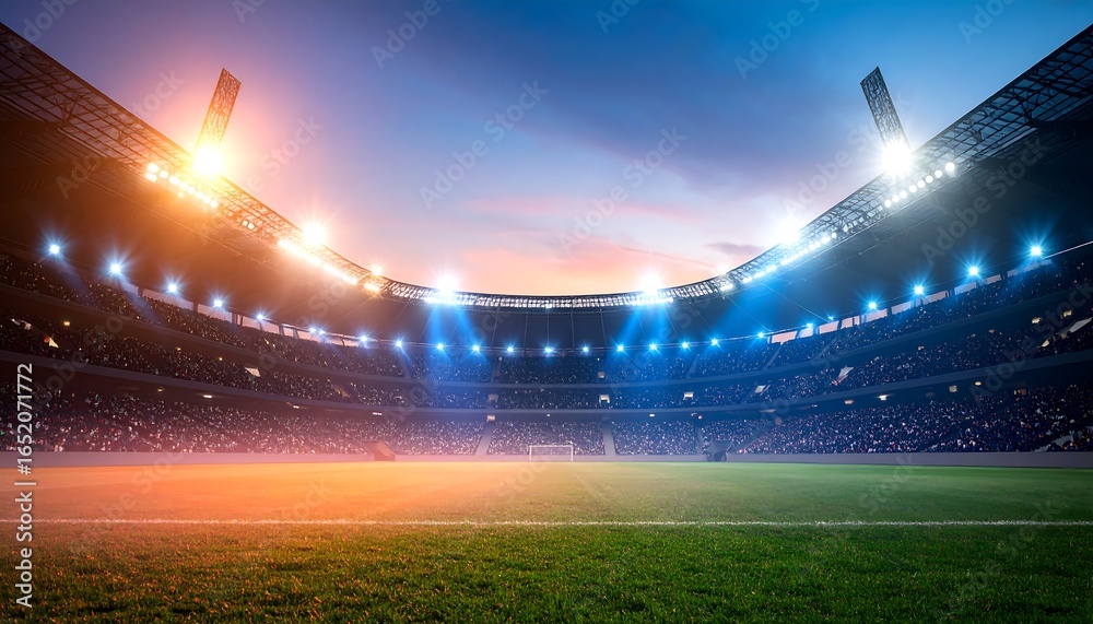 Fototapeta premium Dramatic Night Soccer Stadium: Full Crowd, Bright Lights, Sunset Sky, Epic Atmosphere, Ready for Action.