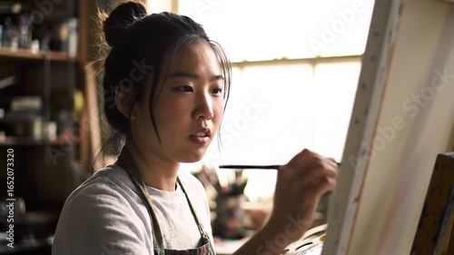Young artis woman painting at canvas in her atelier