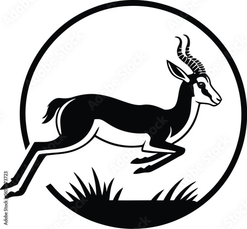 A striking antelope illustration in black and white showcases a leaping springbok within a circular frame, perfect for wildlife themes and logo design with an elegant touch.