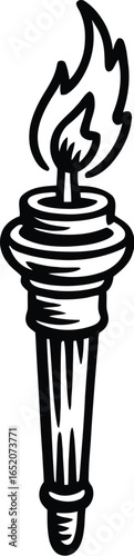 A stylized torch with a bright flame, rendered in a bold, graphic style, evokes themes of enlightenment, guidance, and historical significance, perfect for symbolic designs.