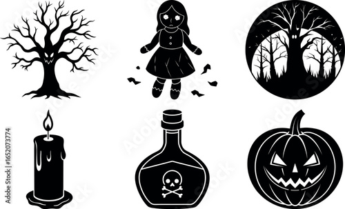 Spooky Halloween Icons Set Black and White Illustrations