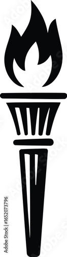 A stylized torch with a bright flame is presented in black and white, ideal for symbolizing inspiration, guidance, or a competitive spirit in various design projects.