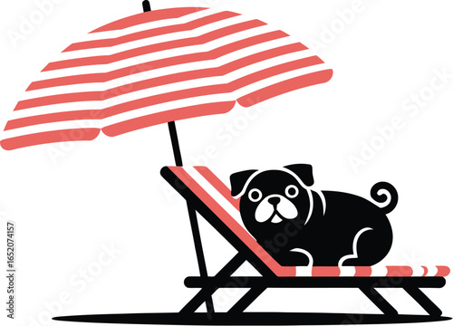 A stylized pug illustration shows the dog relaxing on a striped beach chair under a matching umbrella, creating a summery and playful vibe perfect for various design projects.