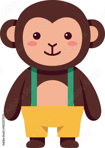 Cute cartoon monkey character wearing yellow shorts and green suspenders vector illustration 