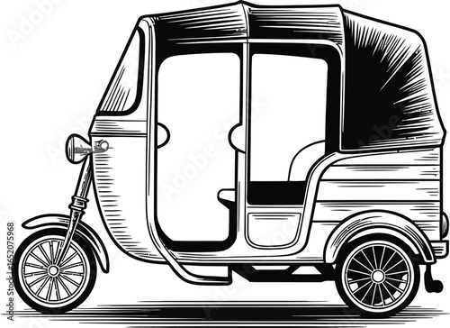 Detailed line art showcases a classic auto rickshaw, a three-wheeled vehicle, rendered in black and white, perfect for transportation themes and vintage design projects.