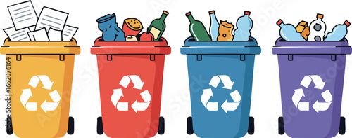 Colorful recycling bins with different waste types for sorting and environmental care vector illustration 