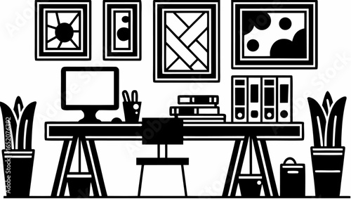 Illustration of a home office setup with a desk, computer, plants, and artwork hanging on the wall design |  editable eps vectors silhouette