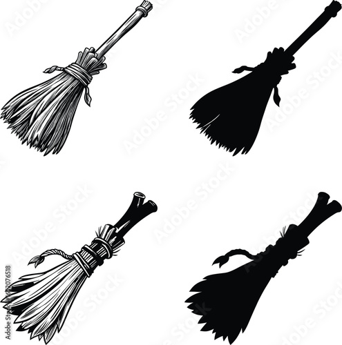 Halloween witch brooms design element spooky vector illustration of old fashioned broomsticks ideal for holiday crafts or thematic decor