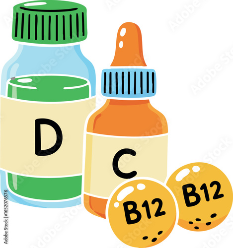 Vitamin D and Vitamin C Supplement Bottles with Vitamin B12 Pills Illustration Vector 