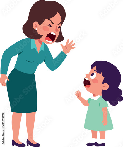 Woman angrily scolding little girl in green dress shouting vector illustration 