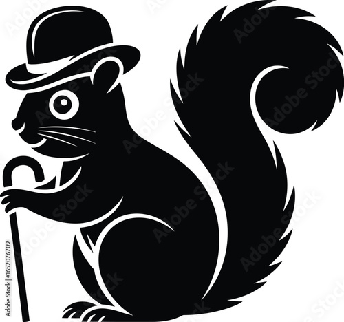 A charming squirrel illustration showcases a dapper character wearing a bowler hat and holding a cane, perfect for designs needing a touch of whimsy and sophistication.