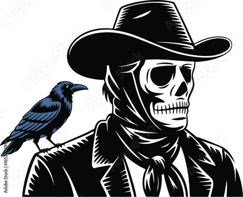 A stylized illustration features a skeleton cowboy wearing a hat and bandana, with a raven perched on his shoulder, creating a unique and striking design for various creative projects.