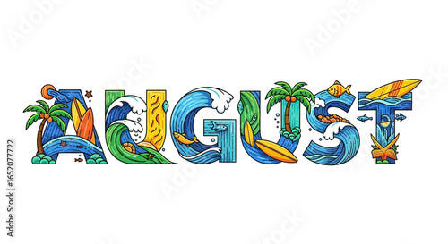 Vibrant summer vibes illustration: August month featuring seaside elements