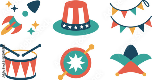 A festive collection of patriotic and celebratory icons features a rocket, striped hat, colorful bunting, a drum with drumsticks, a noisemaker, and a jester hat, perfect for party themes.