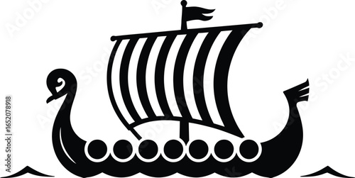 A striking black and white illustration showcases a Viking longship sailing on water, evoking a sense of history, adventure, and maritime exploration with its iconic design.