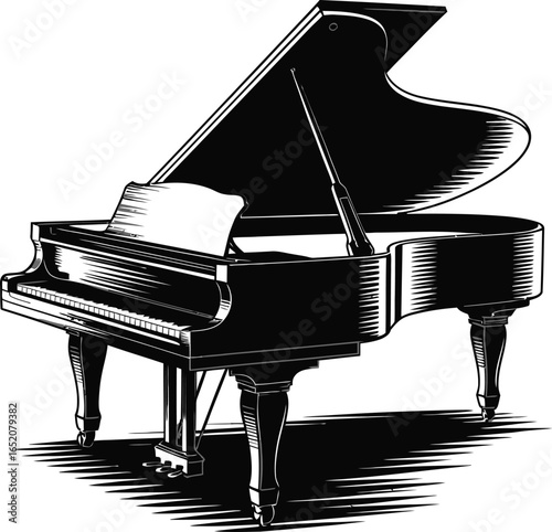 Elegant grand piano illustration showcases musical artistry with its open lid and detailed design, perfect for music enthusiasts and creative projects requiring a touch of classical charm.