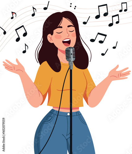 Woman Singing with Microphone and Musical Notes Vector Illustration 