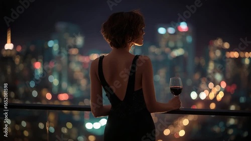 Woman overlooking city lights with wine glass
