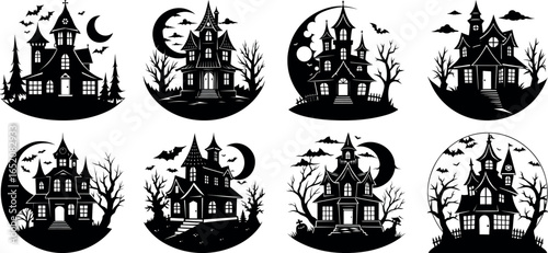 Eight Spooky Halloween Haunted House Silhouettes