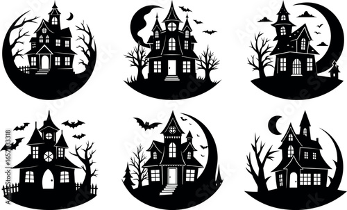 Spooky Haunted House Silhouettes for Halloween Night Vector Illustration Set