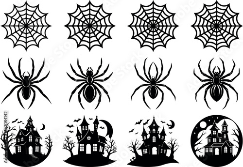 Halloween Vector Silhouettes Spiderwebs Spiders and Haunted Houses for Creepy Designs