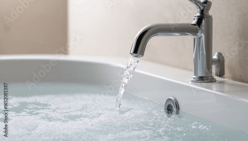 Chrome faucet filling a white bathtub with clear water image