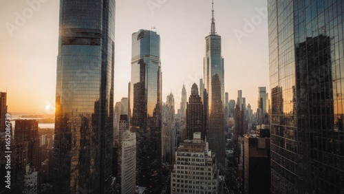 Modern city skyline with tall glass skyscrapers during sunset in New York City featuring the empire state building and other iconic buildings with golden sunlight reflecting off windows