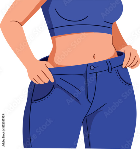 Woman Wearing Loose Blue Jeans and Crop Top Illustrating Weight Loss and Fitness Concept 