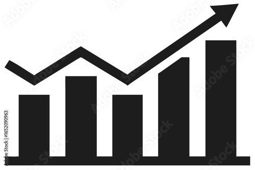 Upward trending bar graph with a line graph and arrow chart data