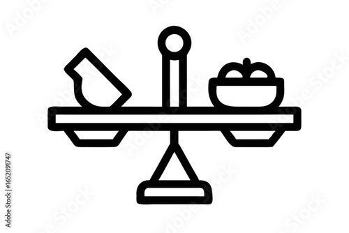 Line art icon of a balance scale with objects on each pan weighing justice
