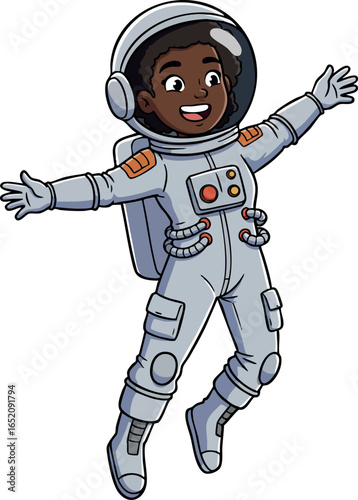 Happy young astronaut floating in space suit with open arms vector illustration 