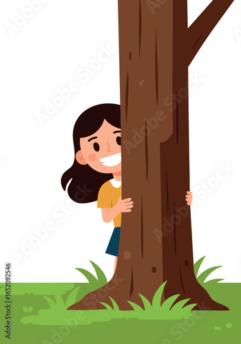 Girl playing peekaboo behind tree in grassy park vector illustration 