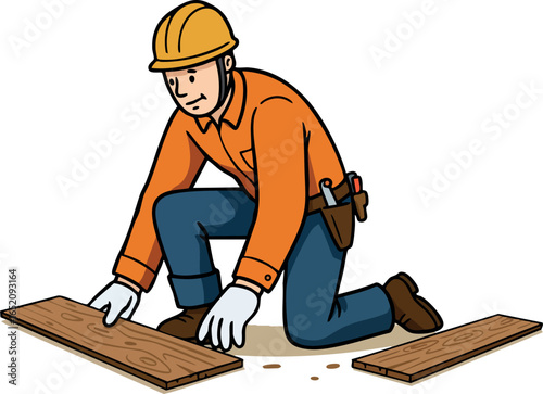 Construction worker installing wooden floor panels in safety helmet and gloves vector illustration 