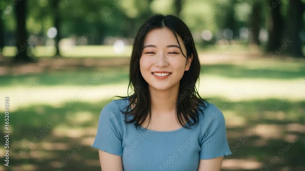 Japanese woman smiling in sun-dappled park Japanese woman smiling in sun-dappled park