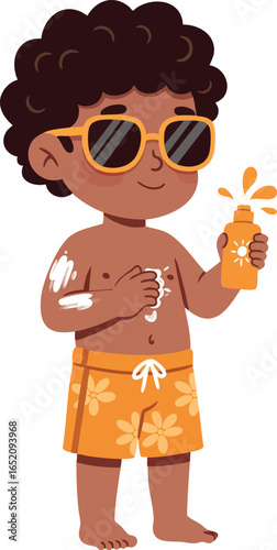 Boy applying sunscreen lotion in orange swim shorts with sunglasses vector illustration 