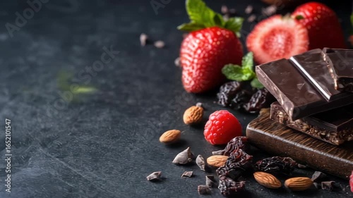 Dark chocolate bars with fresh strawberries, raspberries, and dried fruit on a dark surface