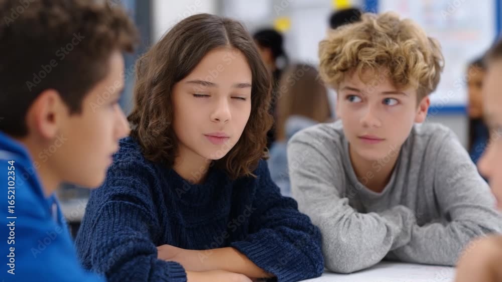 Classroom Reflections: Candid depiction of students engaged in conversation, highlighting interaction and shared experience. The scene evokes a feeling of youthful camaraderie and learning. Classroom Reflections: Candid depiction of students engaged in conversation, highlighting interaction and shared experience. The scene evokes a feeling of youthful camaraderie and learning.