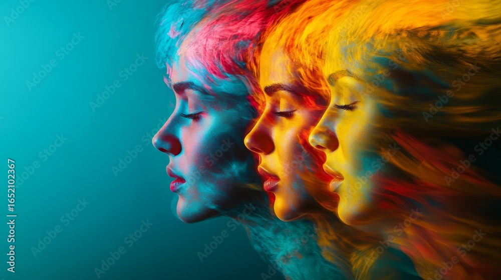 Fototapeta premium A stunning vision of three artistic faces. Each profile bursts with vibrant colors and textures. A captivating exploration of identity and creativity. Generative AI