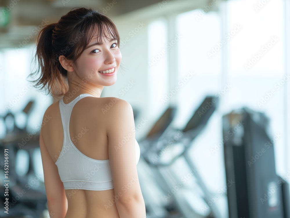Fototapeta premium ジムで振り向き笑顔を見せるスポーツウェアの日本人美女