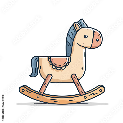 A charming pastel-colored wooden rocking horse, a sweet and nostalgic toy illustration perfect for nursery decor, baby shower invitations, or classic playroom themes.
