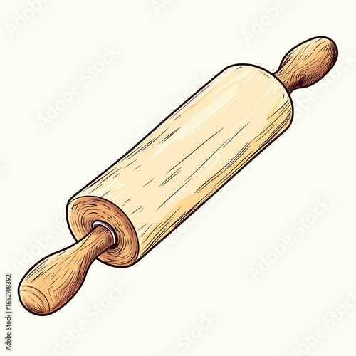 A classic wooden rolling pin with a hand-drawn texture, an essential kitchen utensil graphic for baking blogs, bakery logos, or culinary school materials.
