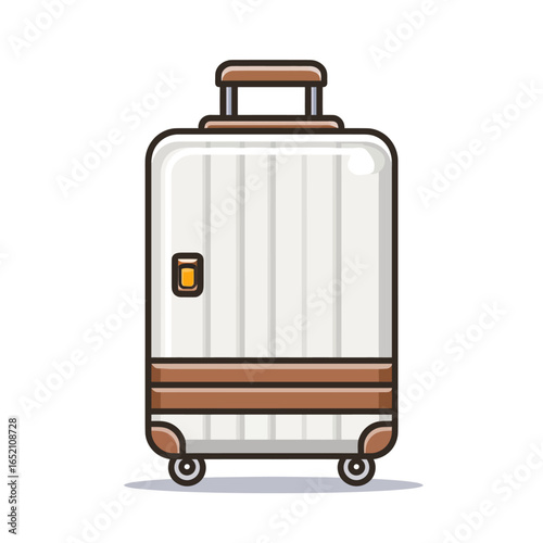A modern white hardshell rolling suitcase with brown accents, a sleek vector icon for travel agencies, business trip content, or luggage brand advertisements.

