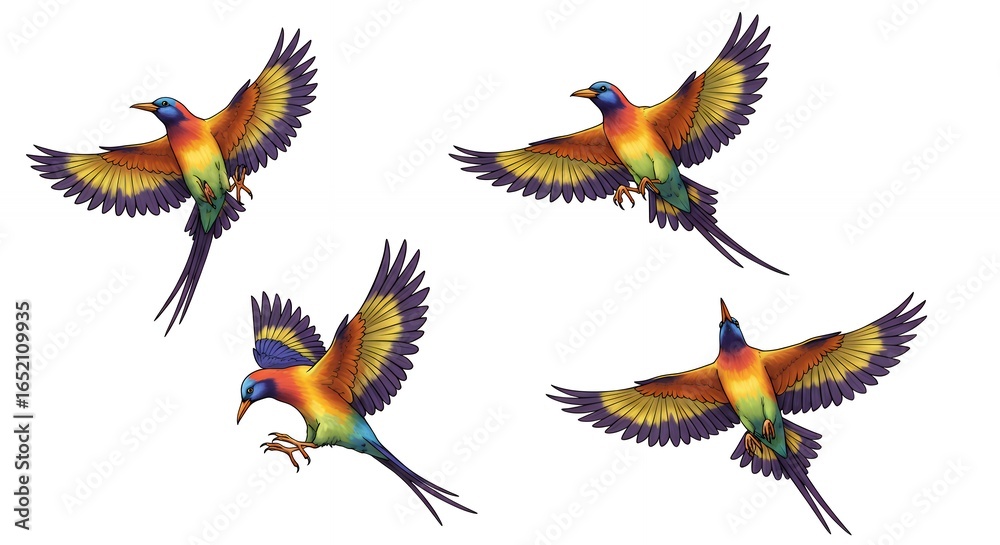 Fototapeta premium Colorful birds in flight decorative illustration