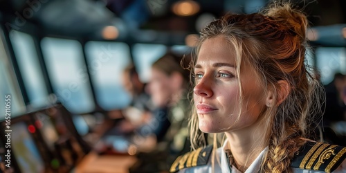 Photo of a female cargo ship captain performing her duties in the control room