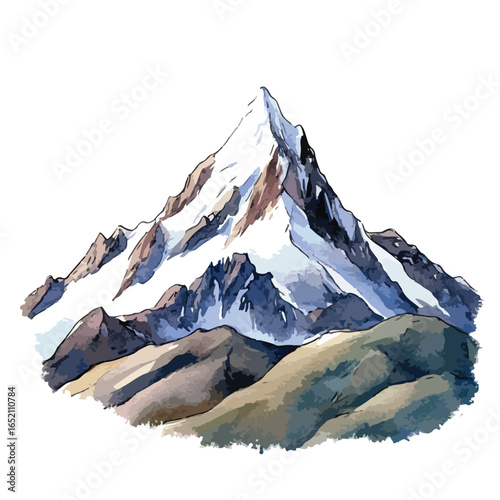 Watercolor Style Mountain Peak with Snow and Rocky Ridges Illustration