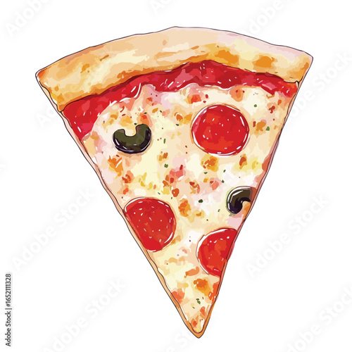 Watercolor Style Pepperoni Pizza Slice with Olives (1)